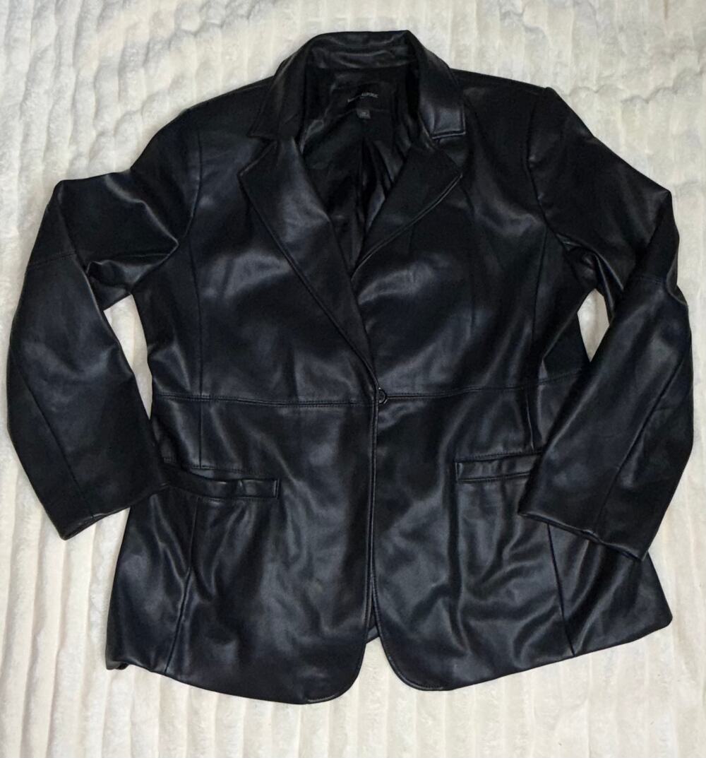 Womens Black Vegan Leather Blazer Tailored Faux Leather Moto Jacket